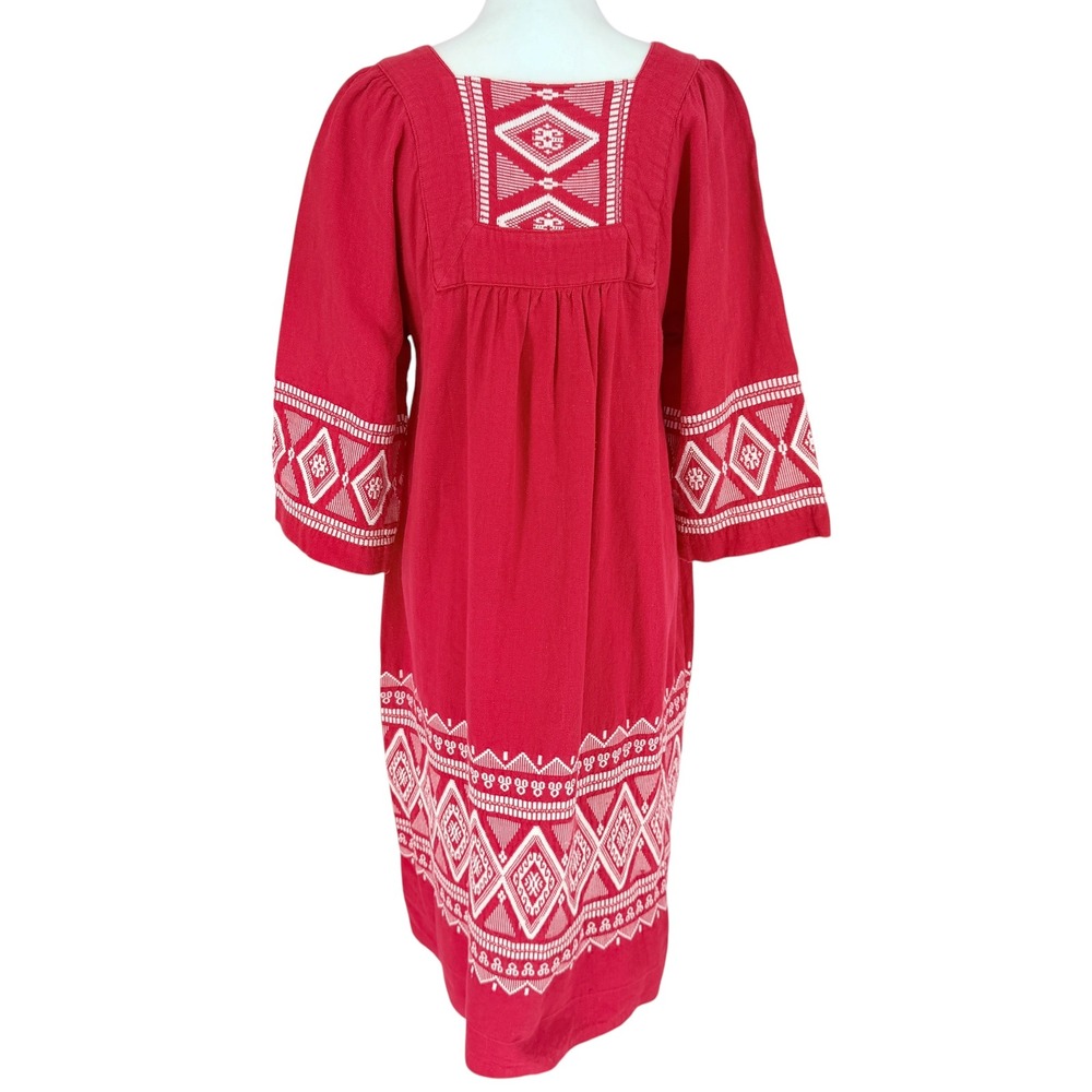 Irene Herbert's VTG 70s Red Cotton Embroidered Boho Midi Dress Square Neck Large - Picture 5 of 8
